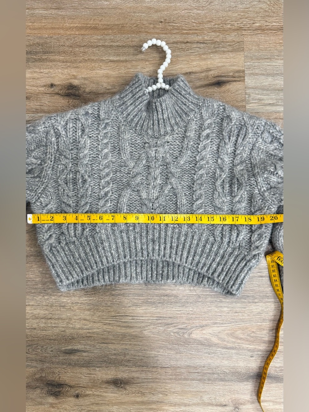 Zara Gray Chunky Cable Knit Cropped Sweater М Balloon Sleeve Wool Blend - Picture 8 of 9